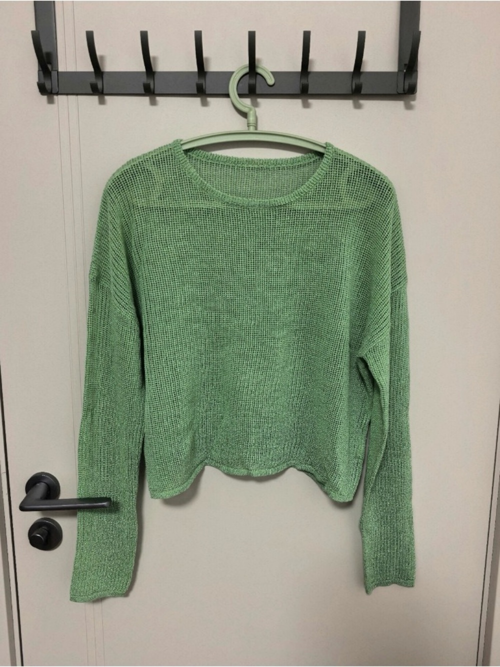 Women's Lightweight Sage Open-Weave Crewneck Sweater